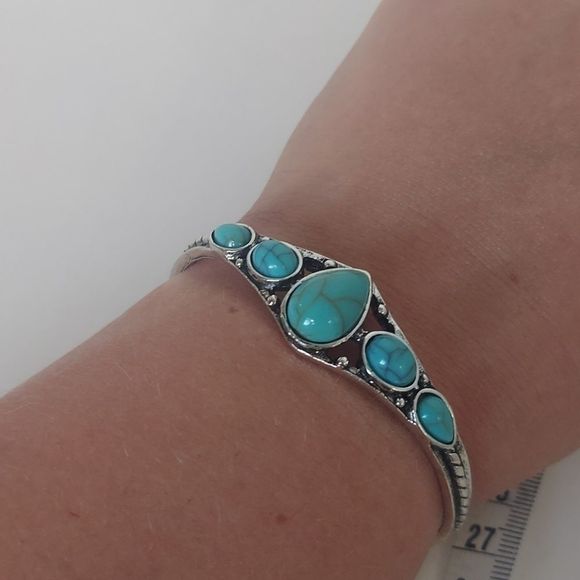 Dainty Turquoise Waterdrop Boho Cuff Bracelet - Picture 7 of 7